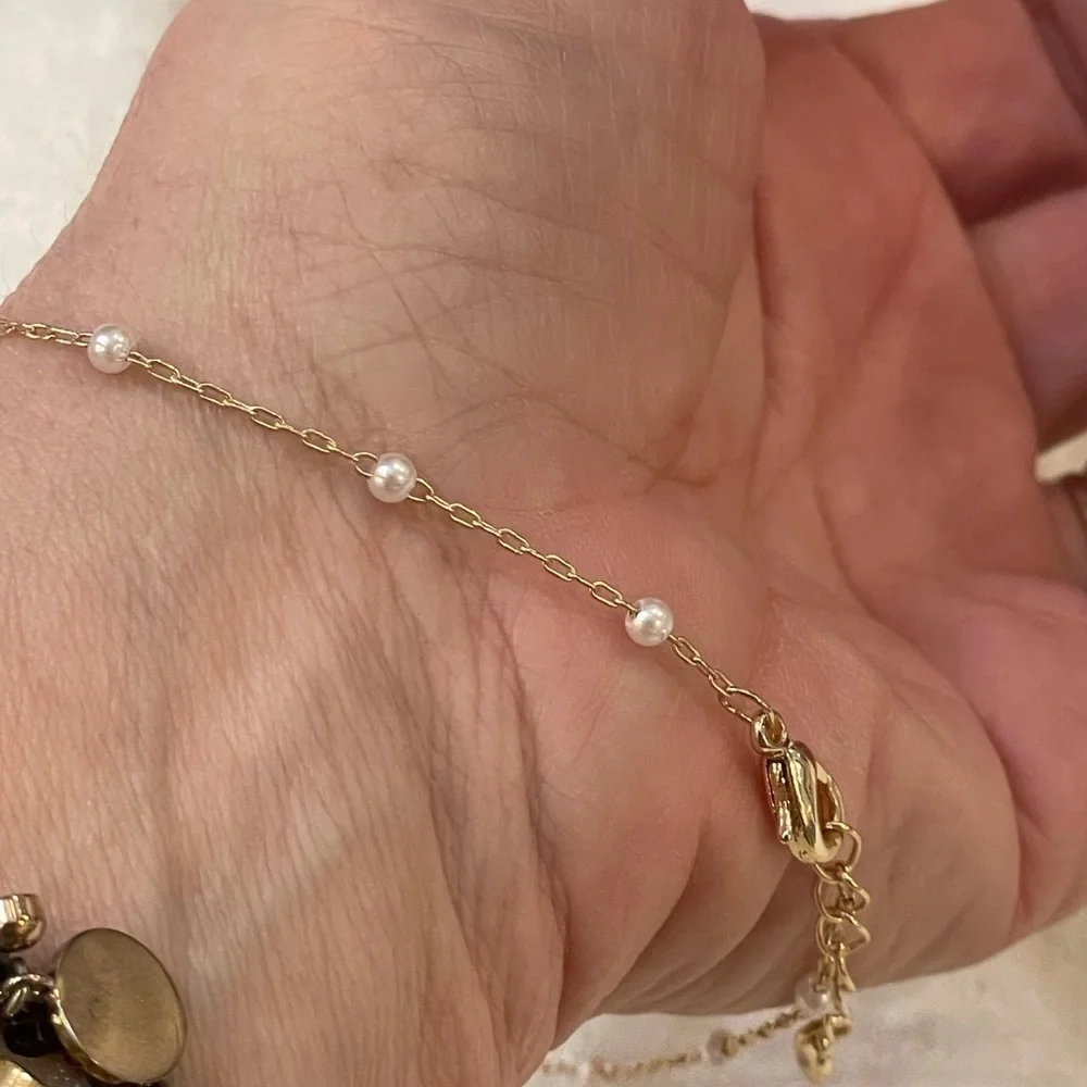 Delicate anklet gold tone faux pearl station dainty adjustable up to 10 inches
